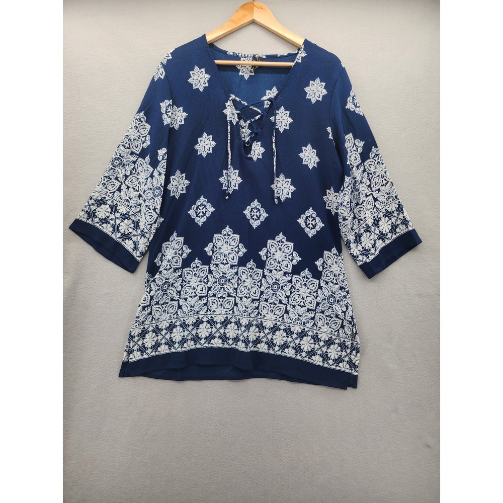Portocruz Blue White Medallion Lace Up Boho Tunic‎ Top Blouse Womens Large L